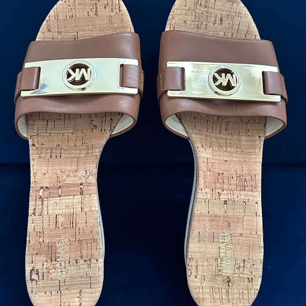 Michael Kors Tan and Gold Slide Sandals
